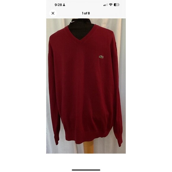 Lacoste Men’s V-Neck Sweater 100% Cotton Classic Fit Red/Burgundy Size 6/US XL - Picture 1 of 8